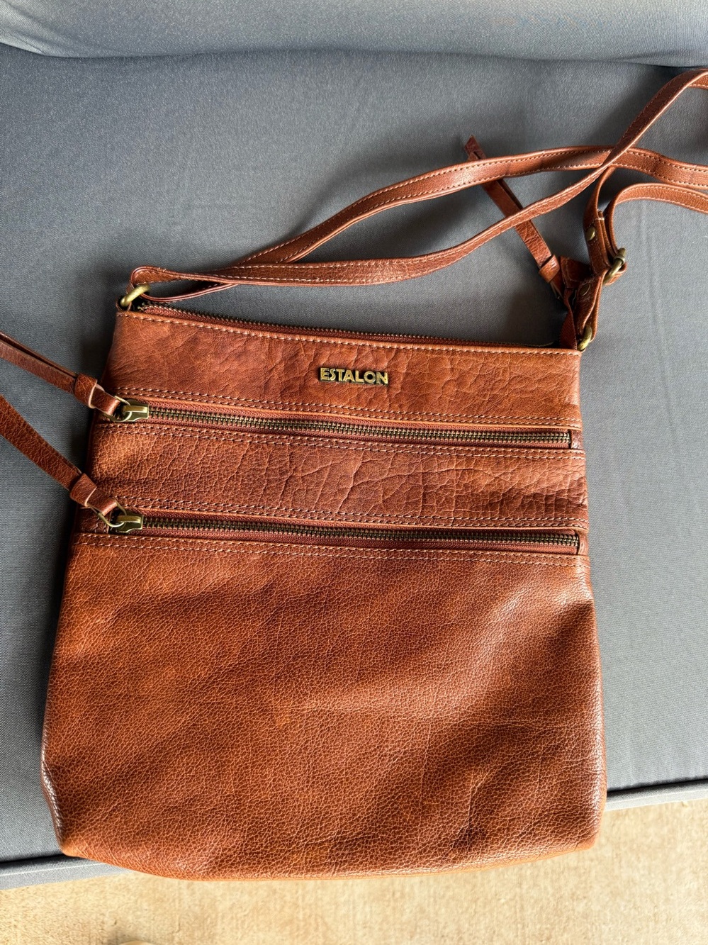 Estalon Tan Leather Crossbody Bag with Dual Zip Pockets